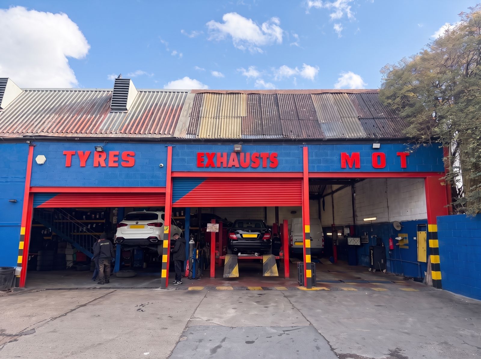 The front of DriveRyte, with bays signed Tyres, Exhausts and MOT